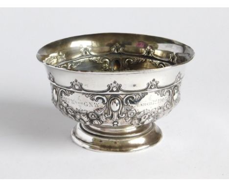 SILVER BOWL. A late Victorian silver presentation bowl, with engraved inscription within two reserves. Birmingham 1900. Appro