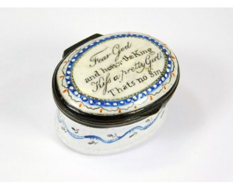 PATCH BOX. A 19th century South Staffordshire enamelled patch box, the lid with the words 'Fear God and honor the King, kiss 