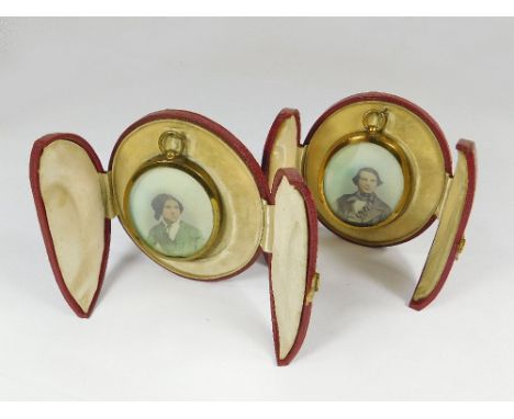 PORTRAIT MINIATURES. A pair of Victorian photographic portrait miniatures in brass frames. (One with strut). Each in fitted l