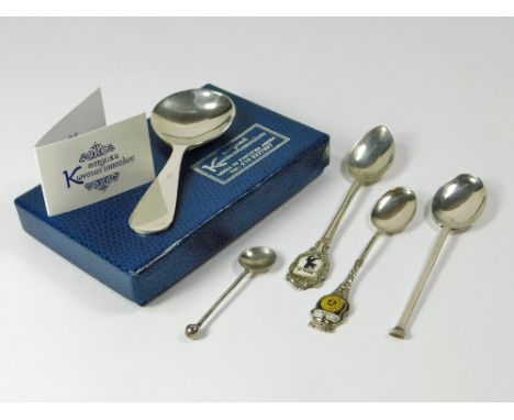 SPOONS ETC. A hallmarked silver coffee spoon & a silver salt spoon. Also, two enamelled souvenir spoons, one stamped 800 Stan