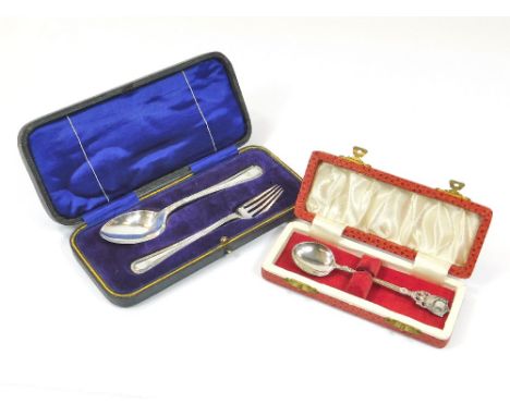 CASED SETS. A cased silver Christening spoon & matching fork by William Hutton & Sons Ltd. Sheffield 1917. Also, one other ca