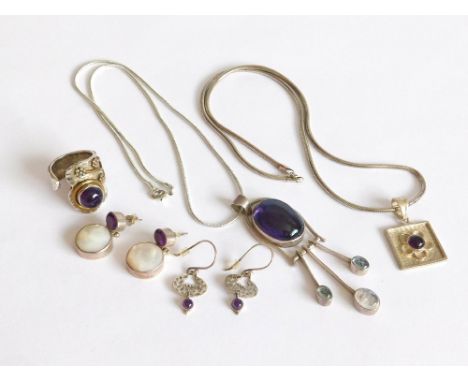 SILVER PENDANTS ETC. A silver & white labradorite pendant on silver chain & an amethyst set pendant with chain. Also, two pai