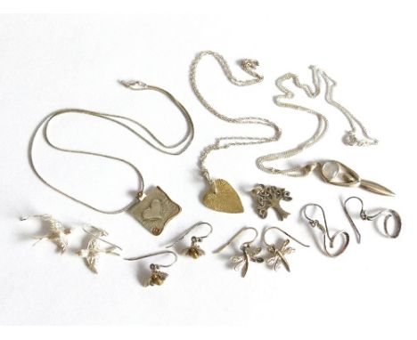 EARRINGS ETC. Four pairs of silver earrings including bumble bees, dragonflies, swallows & spirals. Also, four silver pendant