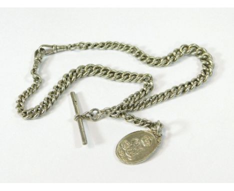WATCH CHAIN. A silver, graduated curb link double watch chain with India 1911-12 fob attached. Length 40cm.Please note that a
