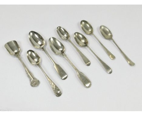 SILVER SPOONS. Seven various silver teaspoons & a Victorian fiddle, thread & shell patterned preserve spoon. Approx. 167.5g. 