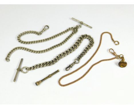 WATCH CHAINS ETC. A silver graduated curb link watch chain, length 23cm & a double curb link watch chain. Also, a gold plated