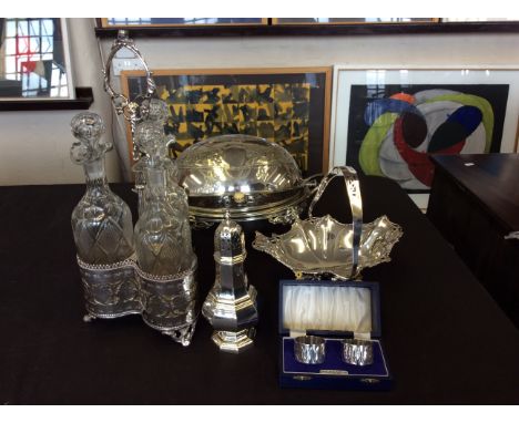 A selection of various plated ware to include a decanter holder with three decanters, tureen cover with base, teapot, tray an