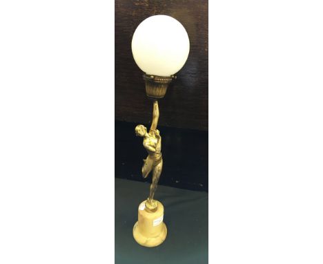 A reproduction Chipparus style lamp base in form of a flapper girl on marble base with globe shade.