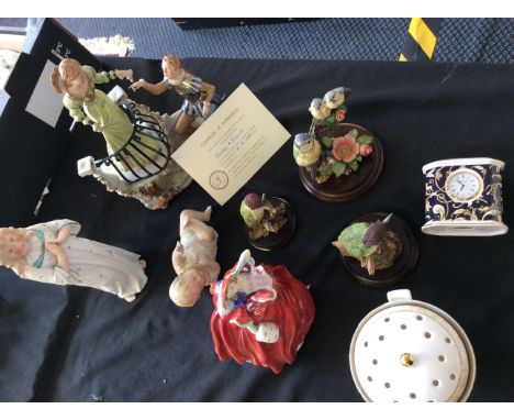 Lot to include Royal Doulton figurine 'Autumn Breezes', a Wedgwood 'Cornucopia' clock, Capodimonte Romeo and Juliet figurine 