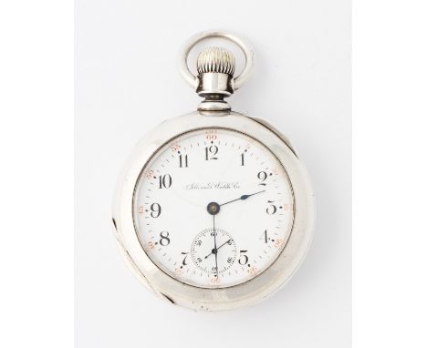 An Illinois Watch Co. crown wind open face pocket watch, the white enamel dial having hourly Arabic numeral markers with minu