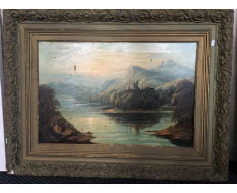R. COULSON. Framed, signed, dated 1892, oil on canvas, castle in extensive lake landscape, 49.5cm x 75cm.