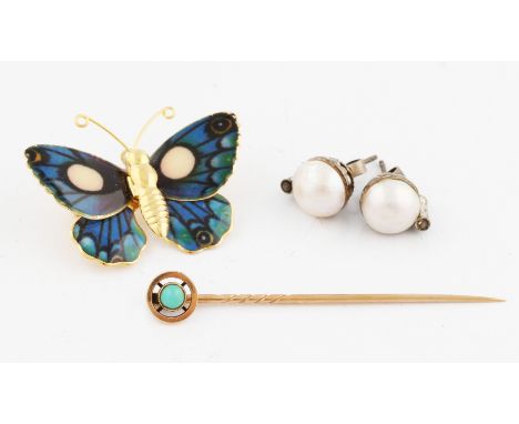 A turquoise set stick pin, mount stamped 15ct stick stamped 9ct, together with a pair of pearl earrings and a butterfly brooc