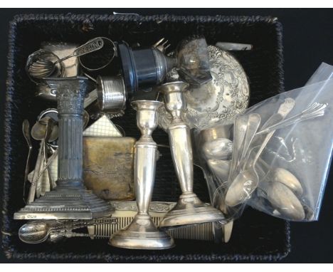 A lot of silver and white metal items to include; silver weighted dwarf candle stick of column form, hallmarked Sheffield 192