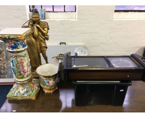 A mixed lot to include; Capo di Monte jardinere and stand, gilt lamp in the form of classical couple, wall clock etc.
