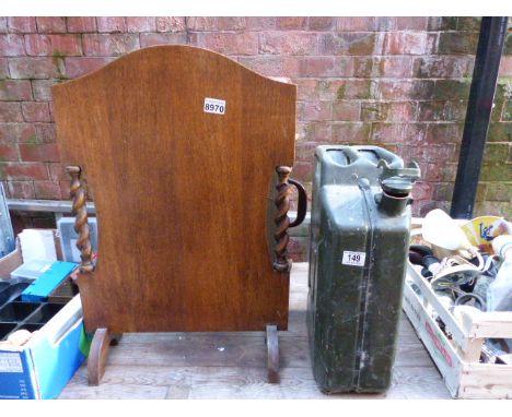 Oak barleytwist firescreen, vintage fuel can and suitcase 