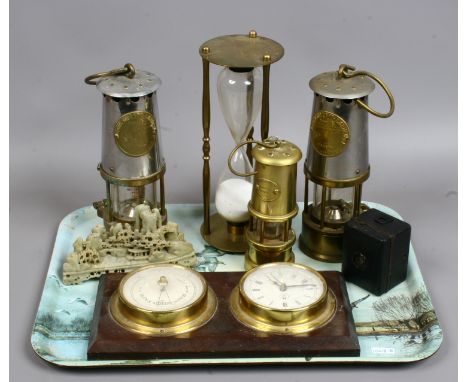 A tray of collectables to include miners lamps, carved soapstone, Zeiss Ikon box Tengor camera etc.