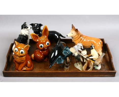 A carved oak tray and collection of ceramic animals to include Beswick Lladro, copper craft, Melbaware etc. 