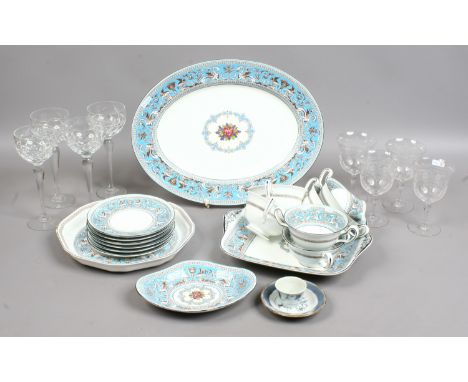 Seventeen pieces of Wedgwood part dinner service in the Florentine turquoise design along with a small collection of drinking