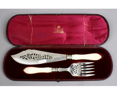 A cased pair of silver plated servers by Mappin & Webb, pierced cad with carved mother of pearl handles.