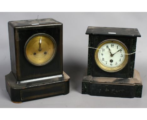 A Victorian slate mantle clock housing a French movement along with a mahogany cased eight day mantle clock