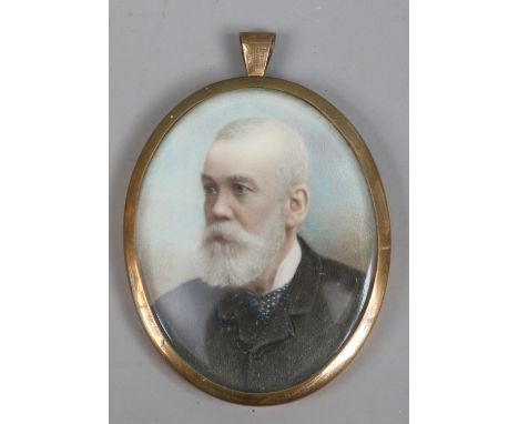 An Edwardian ivory portrait miniature of a bearded man in yellow metal frame.