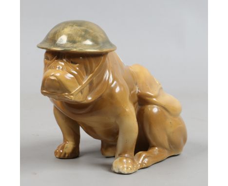 A Royal Doulton figure of a bulldog 'Old Bill' decorated in khaki glaze wearing a tin helmet and satchel.   Condition Report.