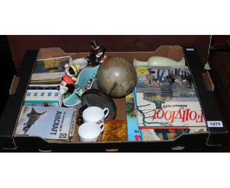 A box of vintage childrens toys etc including annuals and Chad Valley tin plate globe etc.