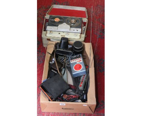 A box of vintage collectables including a CB radio and accessories, a Tri-ang model train set and a quantity of camera equipm