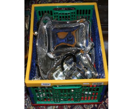 A box of mixed silver plate including cake basket, rose bowl and part tea service.