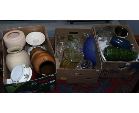 Three boxes of mixed glasswares and pottery including West German examples, Lamp bases, vintage art glass etc.