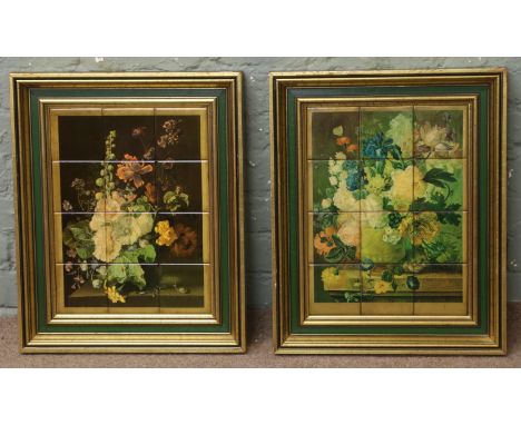 A pair of gilt frame still life prints on tile of floral themes.