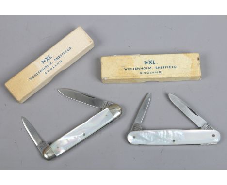 Two George Wolstenholm folding pocket knives with mother of pearl scales and in original boxes.