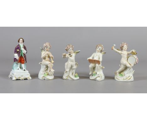 Four Capodimonte figures of winged cherubs playing musical instruments and a 19th century Continental porcelain figural scent