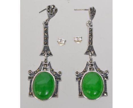 A pair of 925 silver Art Deco style jade and marcasite set earrings with post backs.