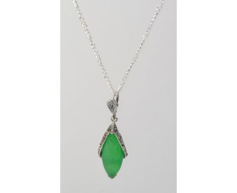 A 925 silver Art Deco style pendant necklace with large jade and marcasite set pendant on a belcher link chain. Measures 18 i