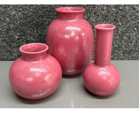3 different iridescent Poole pottery pink Lustre vases