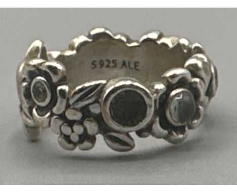 Silver “Pandora” ring set with moonstone &amp; CZs - size K