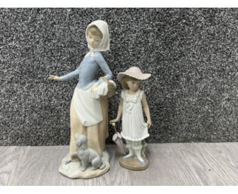 2x Nao by Lladro figures - little girl with parasol &amp; Girl with Puppy