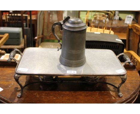 A vintage double burner hotplate, together with an antique pewter lidded quart-sized tankard 