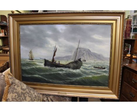 Eero Hirvela A late 20th-century oil on canvas seascape titled 'Fishing Boats on the coast front of Best Rock', approx 68cm x