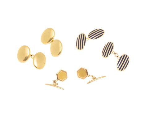 A collection of gentleman's cufflinksa pair with blue enamel striped detail to each oval terminal, stamped 14k; a pair with h