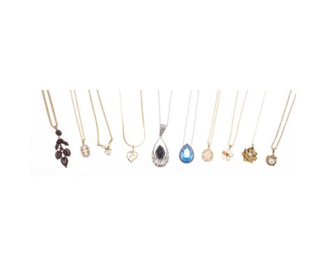 A collection of pedant necklacesto include an 18ct gold opal and diamond set pendant, to a trace link chain; a 9ct gold multi