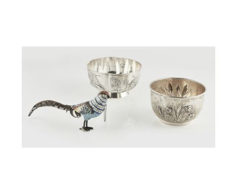 A Chinese bowlWan Hing, circa 1900, of slight lobed form, decorated birds and blossom, engraved foot, another bowl, 800 stand