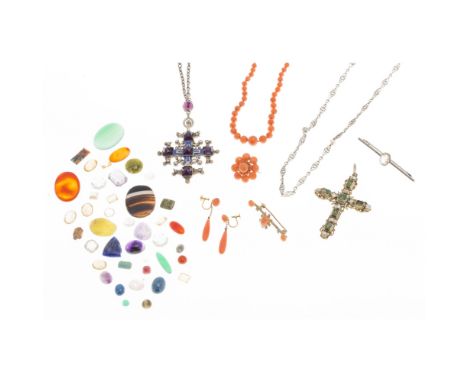 A collection of jewelleryto include a coral necklace, two coral brooches and a pair of coral pendant earring; two enamel and 
