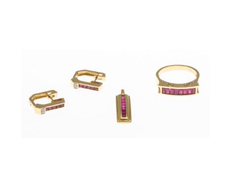 A suite of ruby and diamond set jewellerythe ring channel set with a single row baguette cut rubies, the gallery with small r