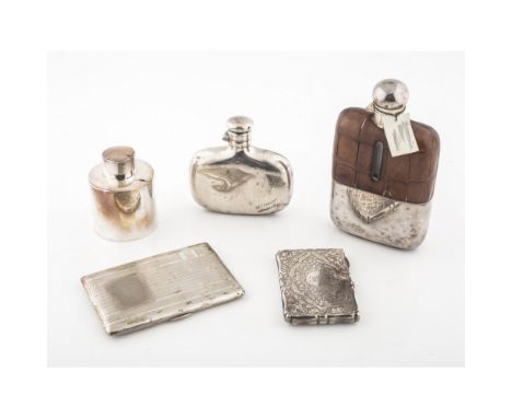 A collection of miscellaneous silverto include, a silver hip flask, LG., Birmingham 1887, of rounded rectangular form, a leat