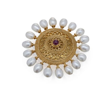 LALAOUNIS - A pearl and ruby set broochin the etruscan style, of circular outline, collet set with a ruby cabochon, the groun