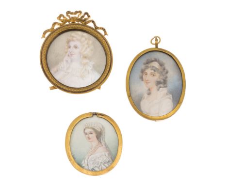 A group of three 19th century miniaturesthe first oval of a young lady in white day dress, on ivory, unsigned, gilt glazed ca