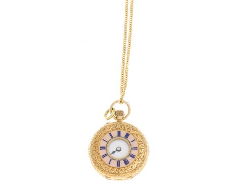 A lady's Victorian enamel fob watchthe demi-hunter case with all over engraved decoration, the front with pink and blue ename