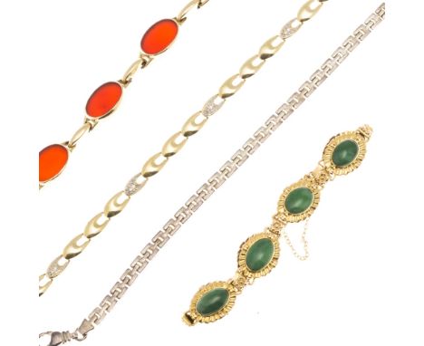 A collection of gem set braceletsto include a 9ct gold cornelian set bracelet, with fold over clasp; a 14ct gold jade set bra